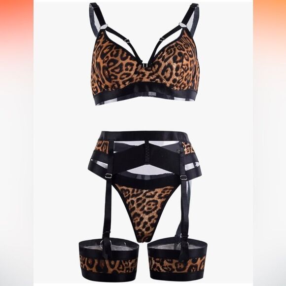 Lingerie with Garter Set High Waist Bra And Panty High Leopard Print Strappy Set - Picture 5 of 14